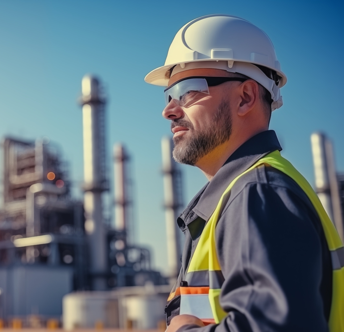 Industrial worker wearing a hard hat while carrying out tasks in a workplace environment.